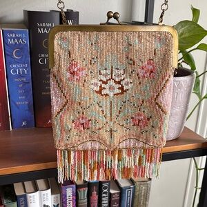 Anthropologie Beaded Fringe Evening Clutch in Pastel Pink & Mint